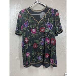 Vintage Papell‎ Boutique Floral Sequins Beaded Silk Blouse Women's Size Small